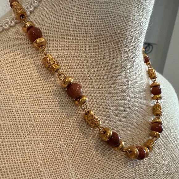 Vintage Metallic and Goldstone Glass Bead Necklace - Picture 4 of 5